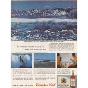 1961 Canadian Club Vintage Print Ad Surfing Hawaiian Big Wave Whiskey Bar Decor